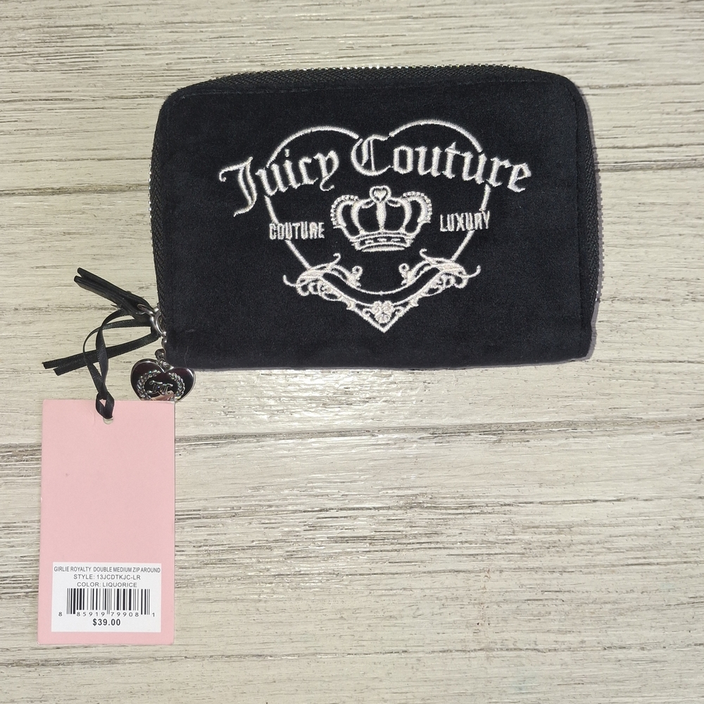 💋Juicy Couture Black Velvet Zip Around Wallet with Embroidered Logo💋